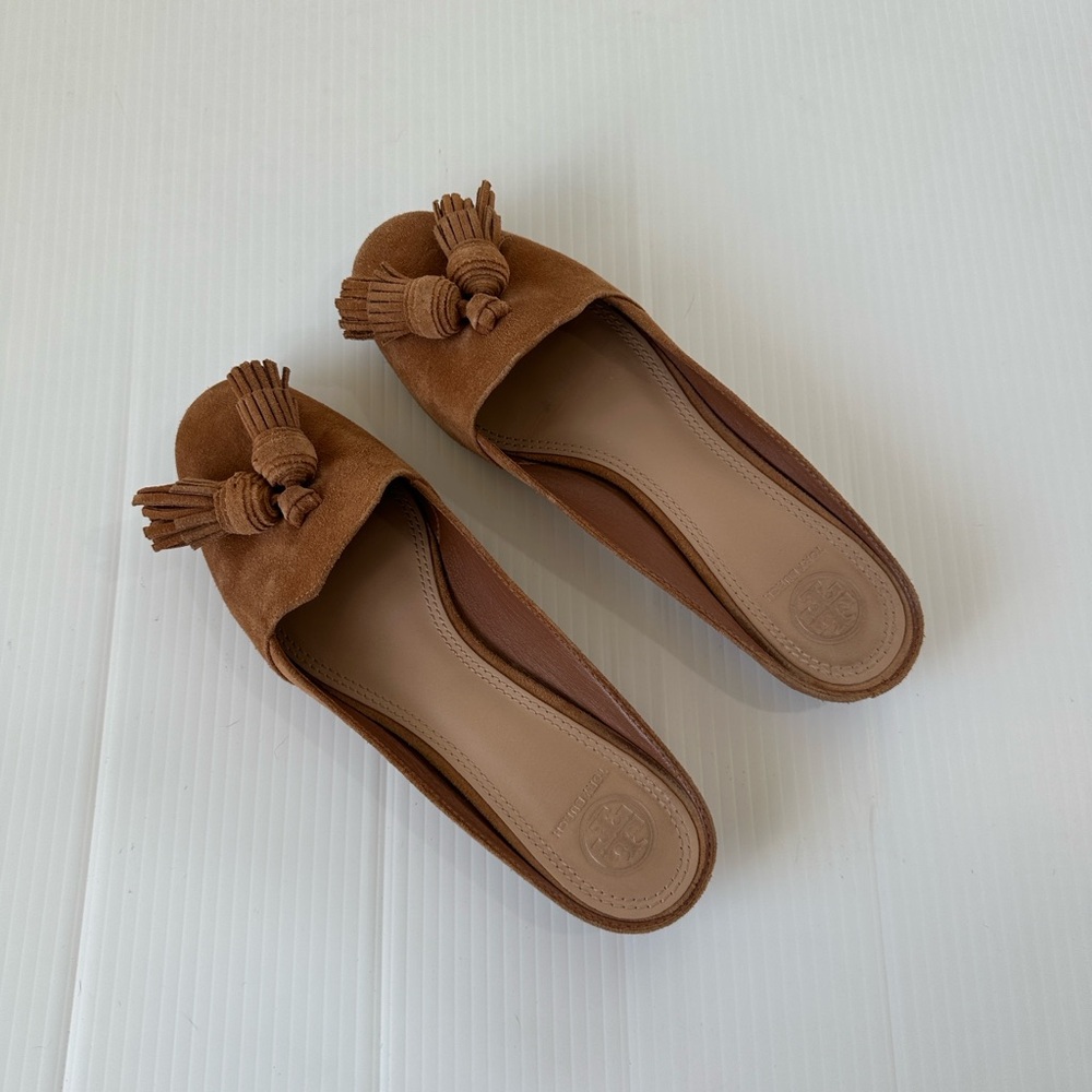 Tory Burch Salinas Tassel Loafer Mules Royal Tan Suede, 7.5